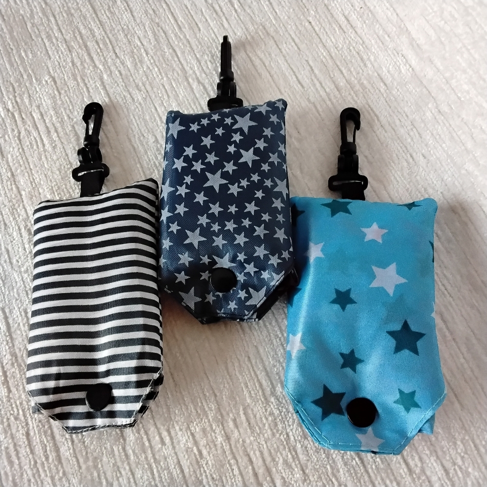 Shopping Totes qty 3 Reusuable Shopping Bags, Portable Easily Stored Clip Pouch